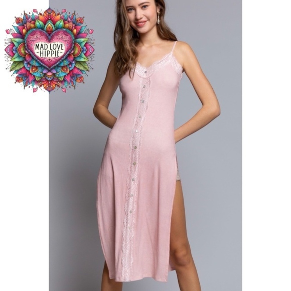 POL Light Pink Lace Trimmed Midi Tank Dress - Picture 2 of 10